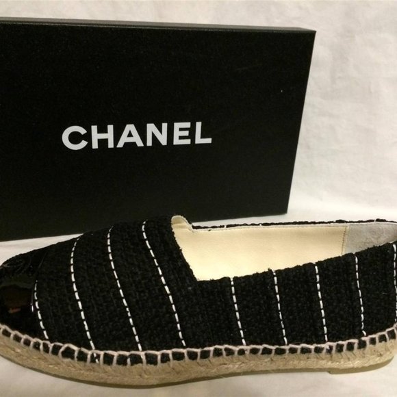 CHANEL 15S 2015 Classic Tweed Patent Cap Toe CC Logo Espadrilles Flats Shoes - Picture 2 of 11